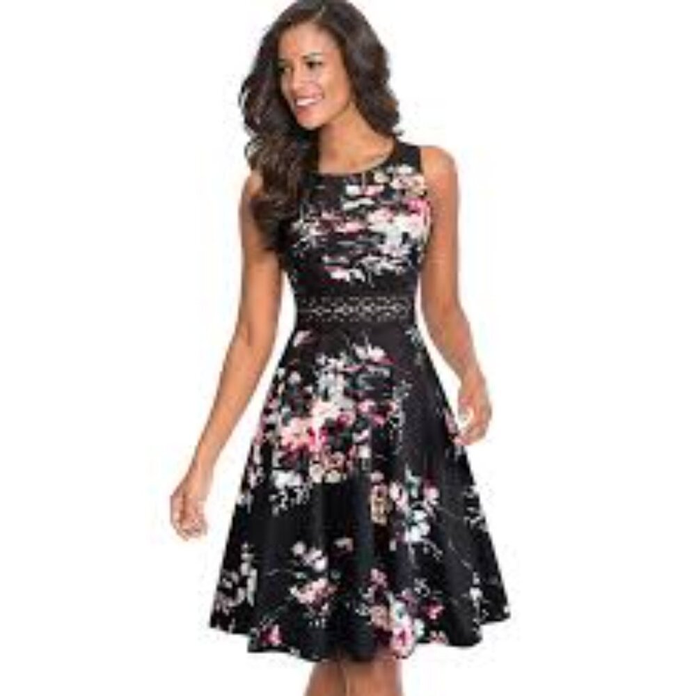 Tropical Blossom Floral Black Dress